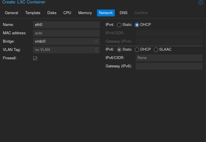 Proxmox LXC Networking Configuration showing vmbr0 bridge